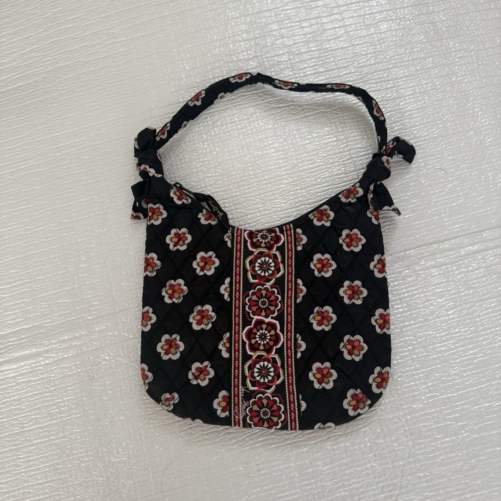 Vera Bradley Mini Hobo Shoulder Bag Black Pirouette Pattern Floral Black & Red